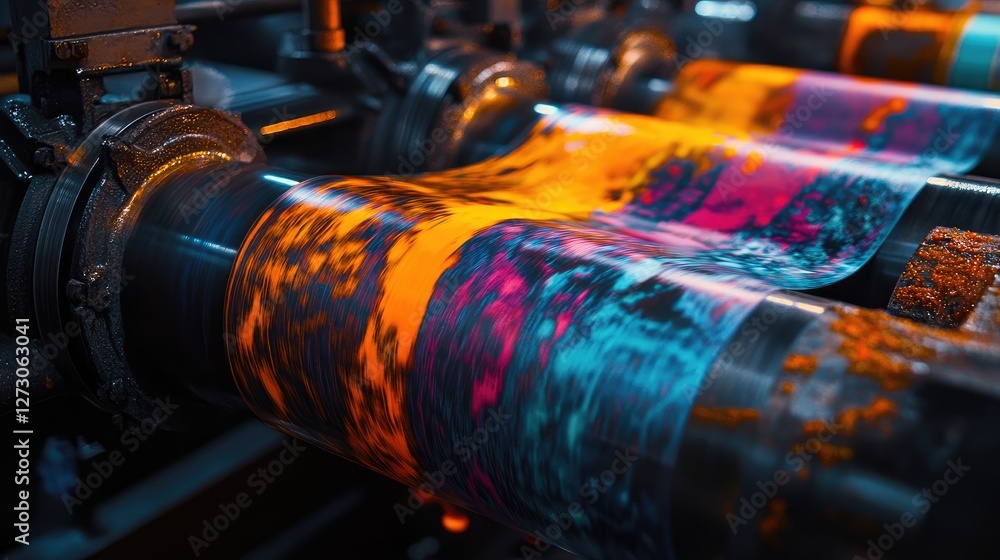 Poster The vibrant flow of ink through color printing rollers in a factory setting, illustrating the sophisticated process of modern industrial printing.