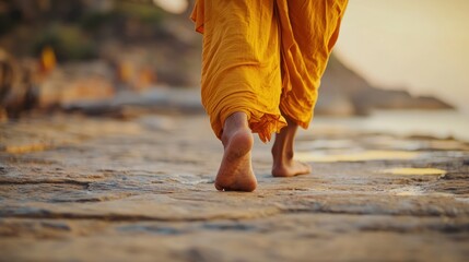 Jain beliefs in non-violence â€“ A Jain monk in saffron robes walking barefoot, symbolizing peace and non-violence (Ahimsa)
