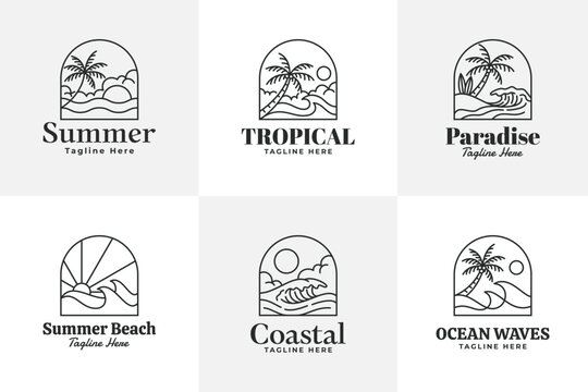 set of beach logo line art vector illustration
