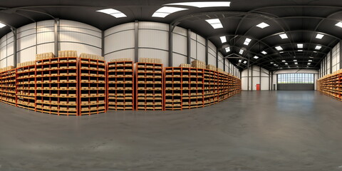Full 360 degrees seamless spherical panorama HDRI equirectangular projection of large warehouse with shelves. Texture environment map for lighting and reflection source rendering 3d scenes.