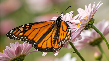 close-up of a butterfly resting on a flower, with every detail of its wings and the flower’s petals visible.