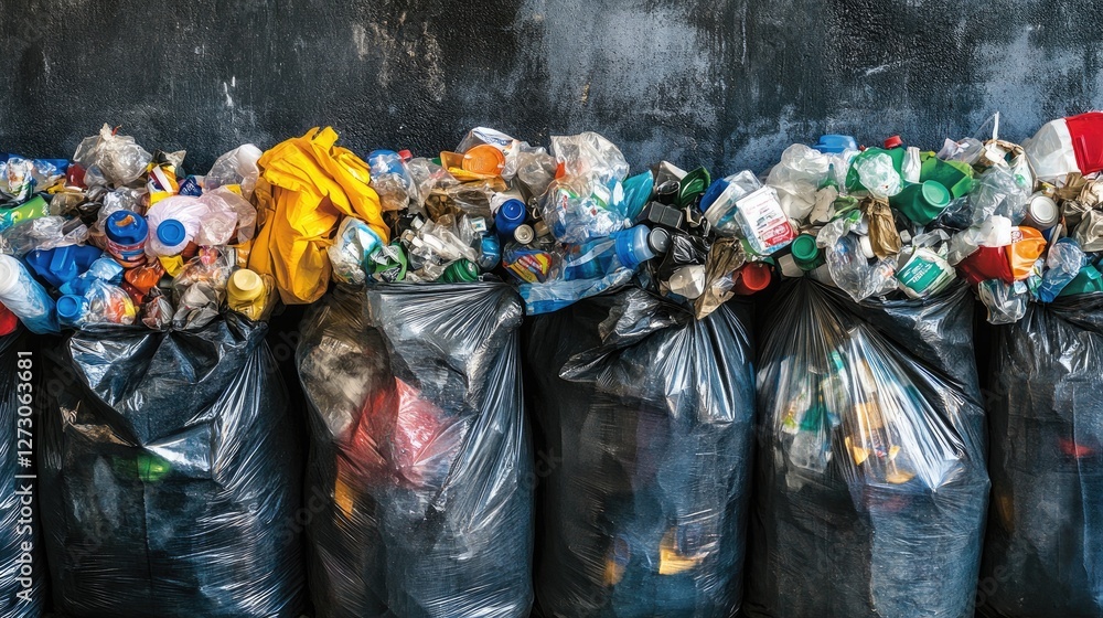 Poster trash bags filled with sorted recyclable materials, overflowing in a visual representation of the gr