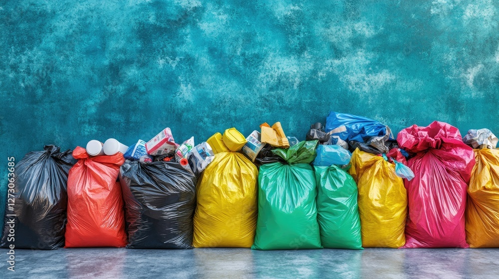 Poster trash bags filled with sorted recyclable materials, overflowing in a visual representation of the gr