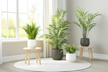 Serene indoor oasis featuring lush green houseplants in stylish pots near a bright window creating a calming and refreshing ambiance in a modern home