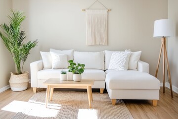 Fototapeta premium Serene and Bright Living Room Interior with White Sofa Plants and Natural Light Capturing Minimalist Design and Comfortable Atmosphere for Relaxation and Home Decor