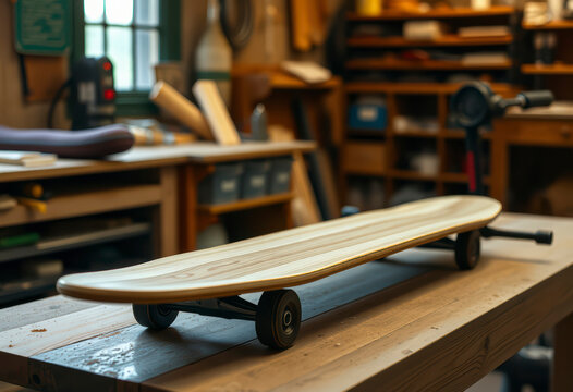 Skateboard production takes place in a workshop where skilled hands shape and modify a wooden skateboard deck on a workbench.