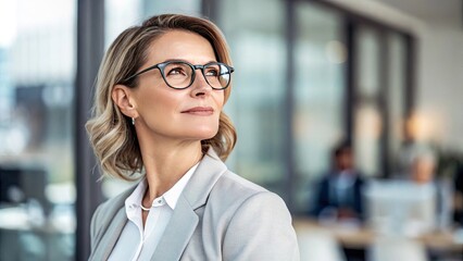 Fototapeta premium Confident Businesswoman in Formal Attire Looking Thoughtfully Out Over Modern Office Space