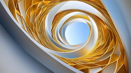 Fototapeta premium Abstract golden and white structure spirals toward a bright blue sky