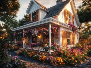 A whimsical cottage covered in flowers, showcasing a charming garden and cozy ambiance under the setting sun, creating a picturesque and dreamy summer scene.