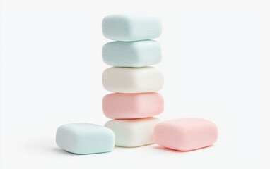 Marshmallows in soft pastel hues stacked together isolated on white