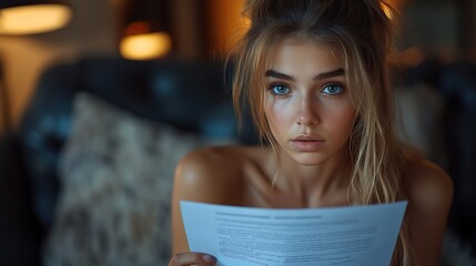stressed young woman holding debt notification paper deep in thought about financial difficulties facing uncertainty and anxiety over bank notice