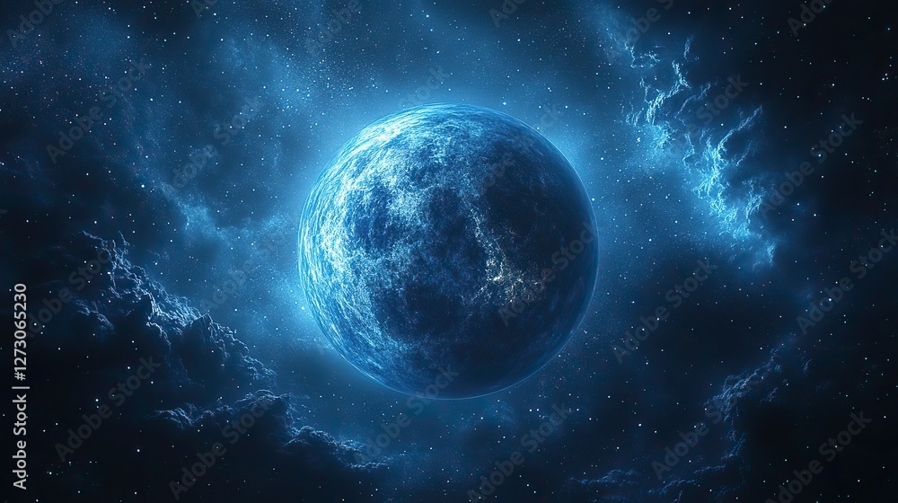 Poster stunning 3d rendering of a vibrant planet floating in outer space with detailed surface textures and