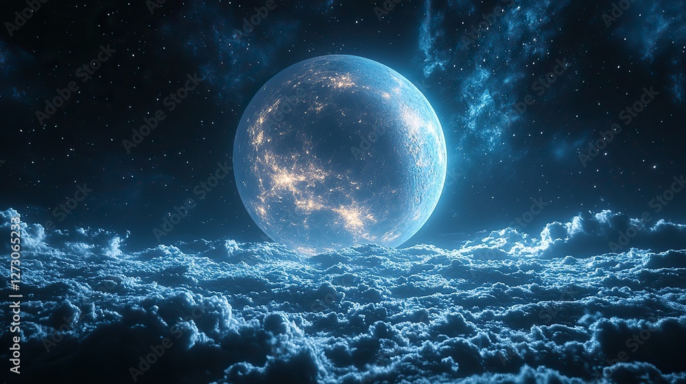 Poster stunning 3d rendering of a vibrant planet floating in outer space with detailed surface textures and