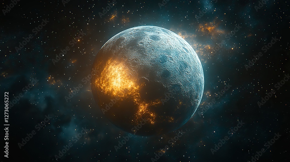 Poster stunning 3d rendering of a vibrant planet floating in outer space with detailed surface textures and