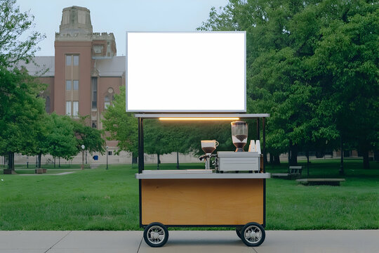Elegant coffee cart on a university campus, with a light box for campus event announcements.