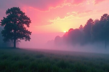 Pinkish orange mist on a cloudy summer morning, cloudy summer morning, overcast sky, soft fog