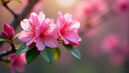 Pink rhododendron branch with flowers blooming in spring, pink, foliage, flowers