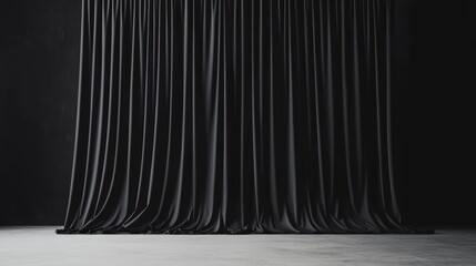 A smooth, black curtain drapes elegantly against a dark backdrop, creating a dramatic atmosphere suitable for performances or presentations.