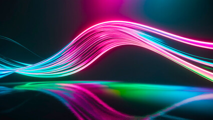 Naklejka premium A dynamic 3D rendering of an abstract fluid A holographic wave in neon hues, set against a dark backdrop. a gradient design suitable for banners, dark background