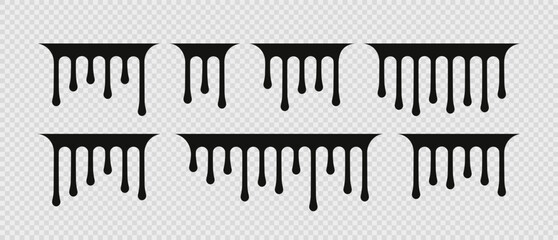 Black drops and border isolated on white background. Drip of paint. Molten liquid. Stencil melt graffiti. Vector illustration. Spill fluid. Droplet print.