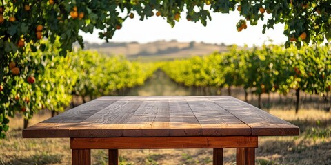 Naklejka premium Spacious wooden table adorned with fresh fruits, set against a vibrant field backdrop.