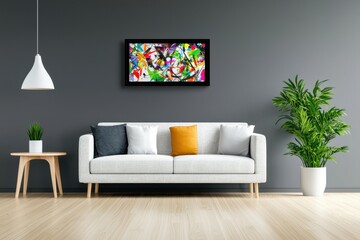 Modern living room interior with white sofa colorful abstract art and green plant creating a calm and stylish atmosphere with natural light