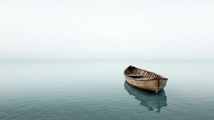Obraz premium Summer travel adventure a peaceful wooden boat on the serene sea at the beach under a clear sky