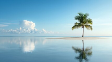 Fototapeta premium Summer beach travel serene sea reflection of a palm tree under the clear sky