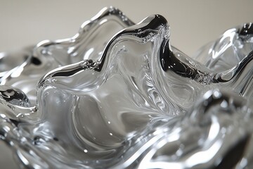 Layered, translucent forms mimic thick flowing liquid textures, featuring smooth, organic waves