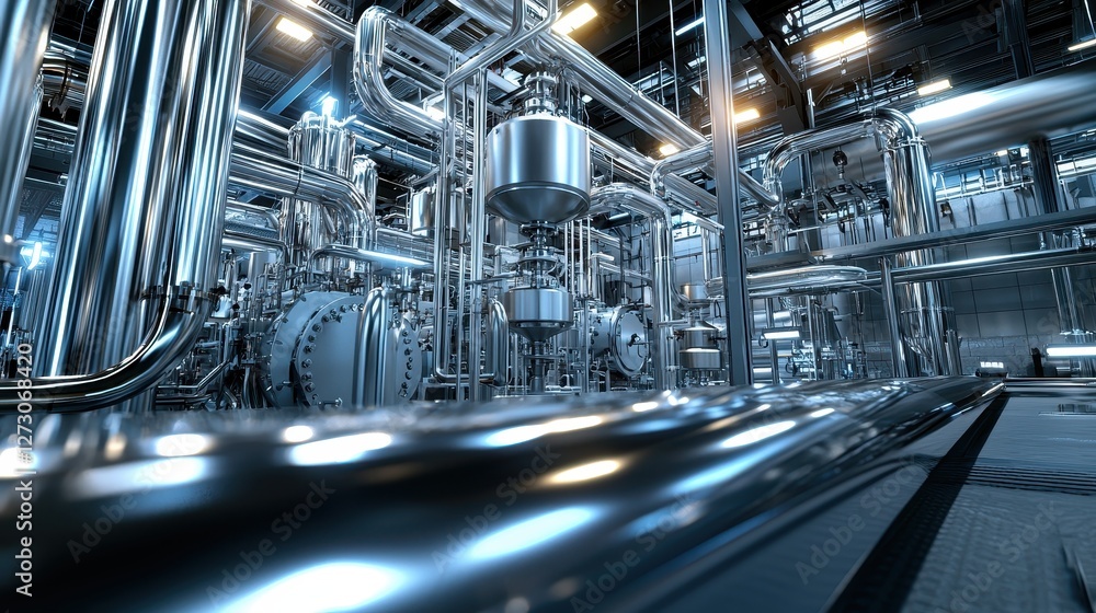 Poster industrial interior with chrome pipes and metallic structures in a factory setting for engineering p