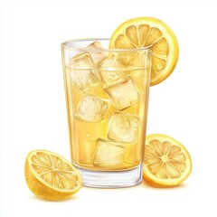 Glass of lemonade with ice and lemon slices isolated on white background