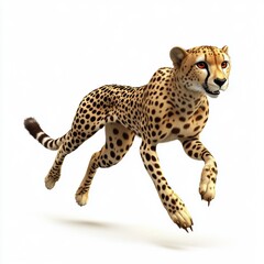 Graceful cheetah mid-sprint with dynamic motion isolated on white background
