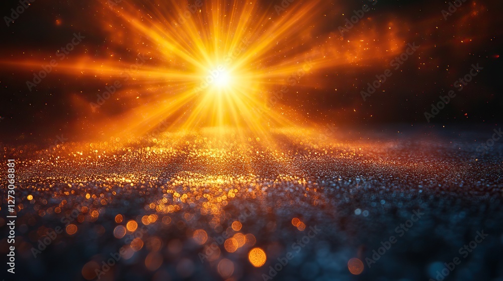Poster sunburst with glowing rays and lens flare on a dark background