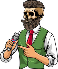 Barbershop Masculine Skull Beard Man Holding Electric Trimmer Vector Illustration