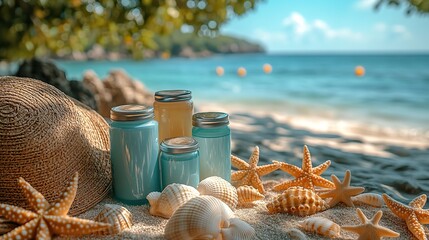 sun protection essentials for uv safety awareness month a pastel blue flat lay with sunscreen sunglasses sunhat shells and starfish with copy space