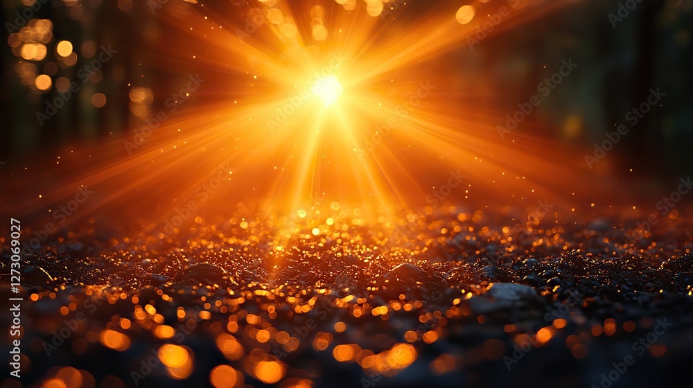 Poster sunburst with glowing rays and lens flare on a dark background