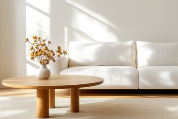 Serene Interior with Minimalist Sofa Round Table and Floral Arrangement Bathed in Soft Sunlight Creating a Peaceful Ambiance for Modern Living