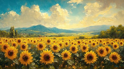 sunflower field with vibrant yellow and green colors in an impressionist oil painting style