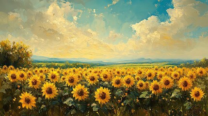 sunflower field with vibrant yellow and green colors in an impressionist oil painting style