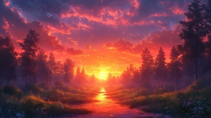 Fototapeta premium sunset in the forest mystical fantasy anime scenery sunset scenery anime scene background wallpaper with beautiful sunset generative ai