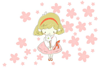 プレゼントの白い花を持つピンク色のワンピースの女の子　背景桜