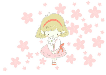 プレゼントの白い花を持つピンク色のワンピースの女の子　背景桜