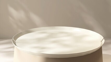 Cream round podium tray table in dappled sunlight on beige wall and floor for modern, luxury and...