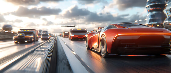 Naklejka premium Advanced cargo trucks with aerodynamic designs driving on futuristic highways urban landscape digital art dynamic atmosphere wide-angle view innovation
