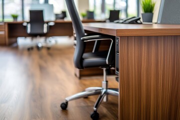 Contemporary office space featuring a modern desk and ergonomic chair under bright natural light showcasing a clean and professional work environment