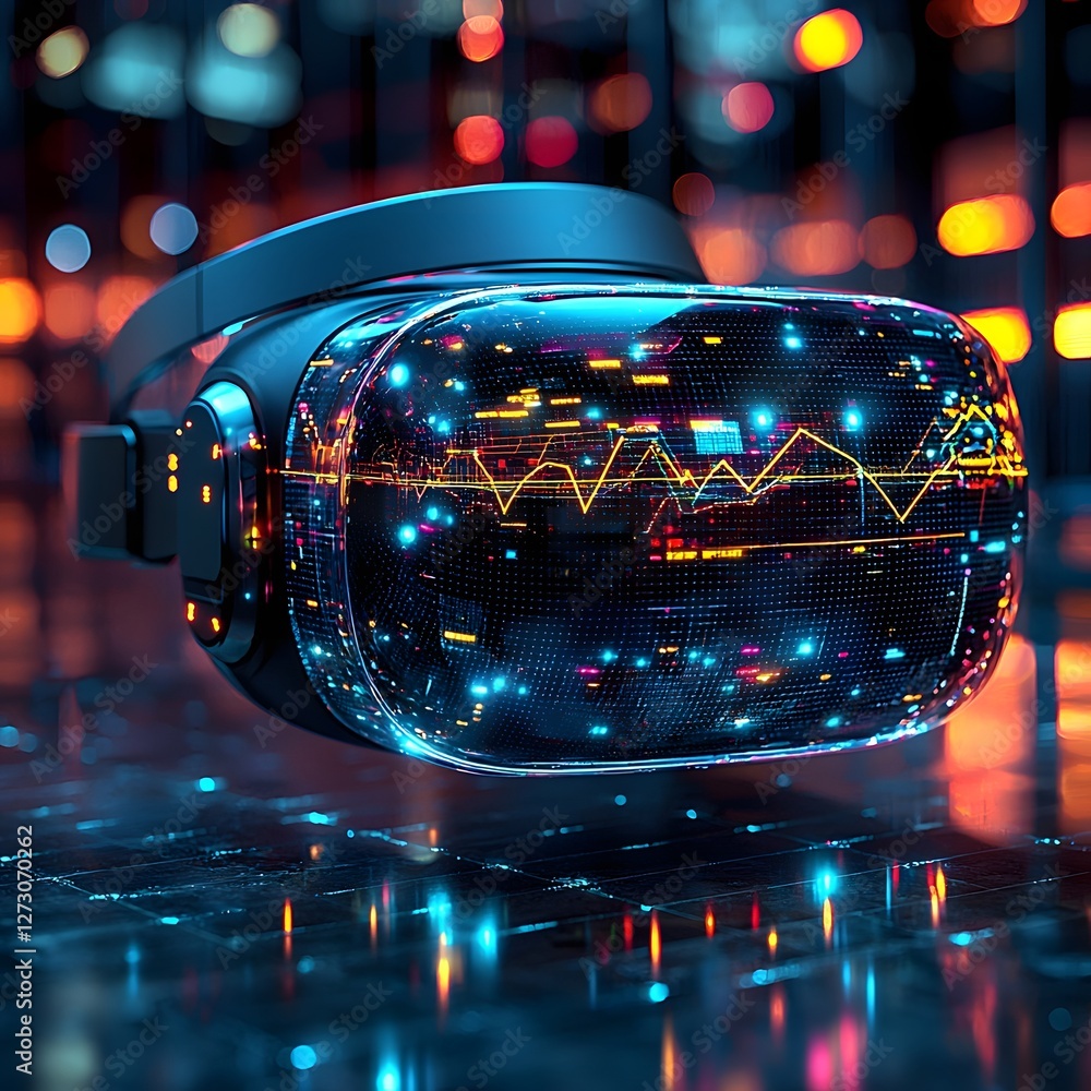Poster futuristic augmented reality headset projecting glowing graphs into the air blending innovation and 