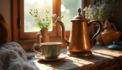 Rustic coffee ritual: “Rustic kitchen, vintage copper coffee pot, handmade ceramic mug, window with morning sun, wooden windowsill, lavender flowers