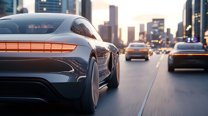 Advanced self-driving cars cruising at sunset on a futuristic highway in a bustling cityscape urban environment dynamic viewpoint for engaging visual content