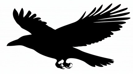 Obraz premium Silhouette of a crow mid-flight, dramatic pose with wings outstretched, deep black contrast on white background.