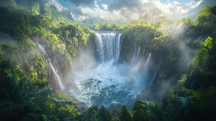 Fototapeta premium Lush jungle waterfall, sunlit mist, aerial view, travel tourism